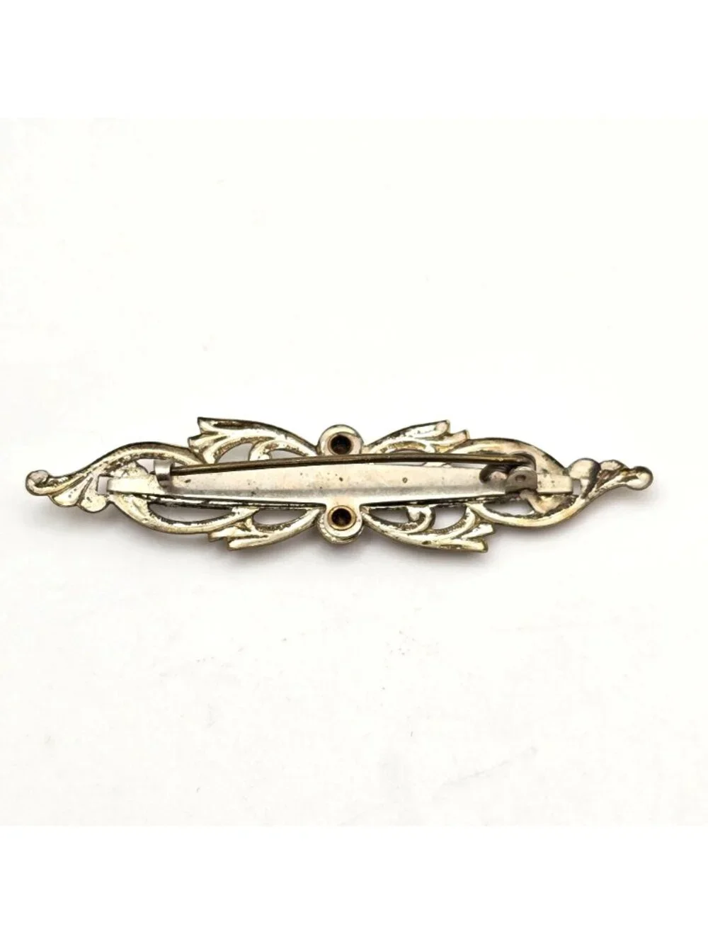 Antique Mother of Pearl Bar Brooch Mixed Tone Metal & Paste Stones - Picture 3 of 6